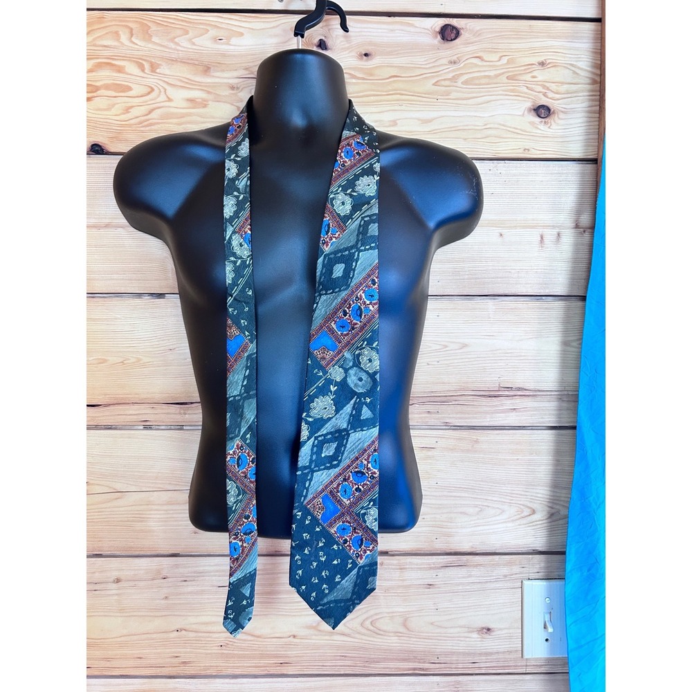 Joseph Abbey Montreal Mens Silk Tie Geometric Abstract Olive Green Blue Vintage